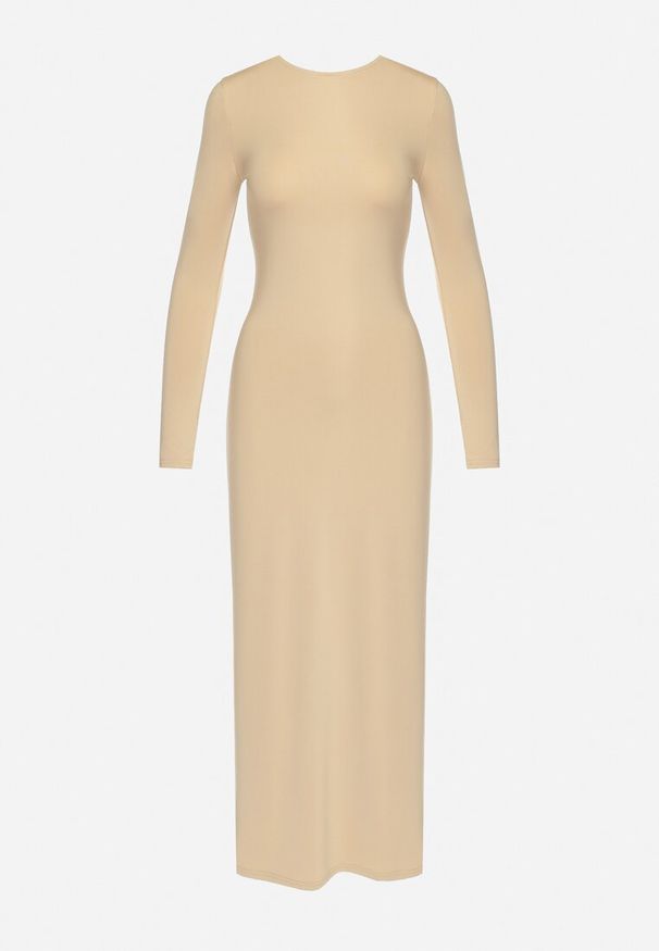 Born2be - Beżowa Dopasowana Sukienka Maxi z Długimi Rękawami Ovira. Kolor: beżowy. Materiał: materiał. Długość rękawa: długi rękaw. Typ sukienki: proste. Długość: maxi