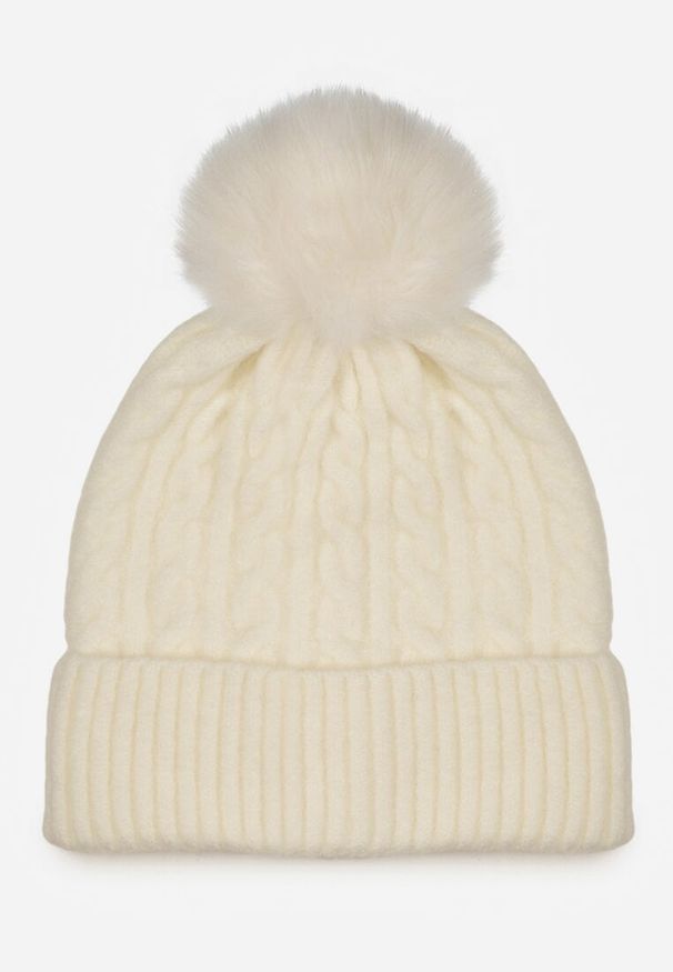 Born2be - Jasnobeżowa Czapka w Warkoczowy Splot z Pomponem Vetisare. Kolor: beżowy. Materiał: dzianina, jeans. Wzór: ze splotem