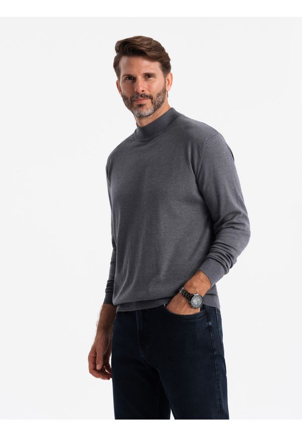 Ombre Clothing - Męski półgolf dzianinowy z wiskozą - szary melanż V3 - Rozmiar: XXL. Typ kołnierza: golf. Kolor: szary. Materiał: wiskoza, dzianina. Wzór: melanż