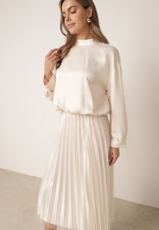 Born2be - Jasnobeżowa Koktajlowa Spódnica z Plisowanego Tiulu Metis. Kolor: beżowy. Materiał: tiul. Styl: wizytowy