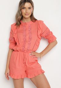 Born2be - Pomarańczowy Kombinezon z Lnu i Wiskozy w Stylu Boho z Falbankami i Koronką Linalisse. Okazja: na co dzień. Kolor: pomarańczowy. Materiał: koronka, len, wiskoza. Wzór: koronka. Styl: boho #1