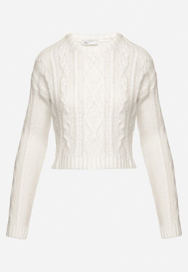 Born2be - Jasnobeżowy Krótki Sweter Zdobiony Warkoczowym Splotem Sellita. Okazja: na co dzień. Kolor: beżowy. Materiał: jeans. Długość: krótkie. Wzór: aplikacja, ze splotem. Styl: klasyczny, elegancki, casual