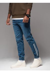 Ombre Clothing - Jeansowe męskie joggery z lampasami – niebieskie V3 OM-PADJ-0156 - XXL. Okazja: na co dzień. Kolor: niebieski. Materiał: jeans. Styl: casual, retro, sportowy