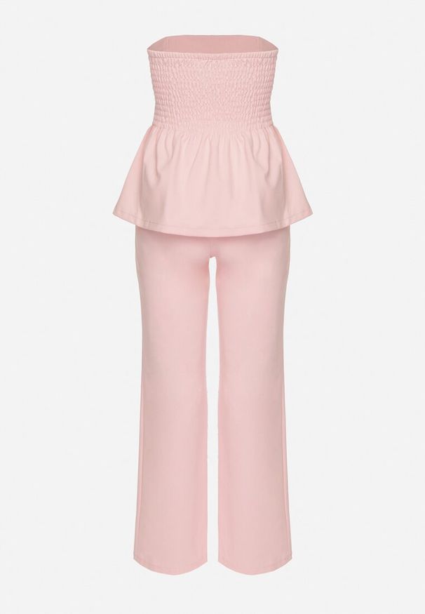 Born2be - Różowy Komplet Top z Baskinką i Ozdobnymi Guzikami i Szerokie Spodnie Palesia. Kolor: różowy