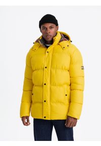 Ombre Clothing - Kurtka męska typu puffer z podszewką w kratę – żółta V3 - Rozmiar: M. Kolor: żółty. Materiał: guma, poliester, materiał, bawełna, syntetyk, nylon. Długość: długie. Wzór: aplikacja #6