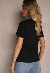 Renee - Czarny T-shirt z Bawełny z Napisem i Cyrkoniami Sanadriena. Okazja: na co dzień. Kolor: czarny. Materiał: bawełna. Wzór: napisy. Styl: klasyczny, casual, elegancki