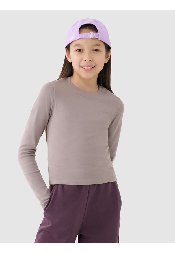 4f - 4F Longsleeve slim gładki dziewczęcy - beżowy 122 (6-7 lat). Okazja: na co dzień. Kolor: beżowy. Materiał: dzianina, bawełna, materiał, elastan. Długość rękawa: długi rękaw. Długość: długie. Wzór: gładki. Sezon: lato. Styl: klasyczny, casual, sportowy