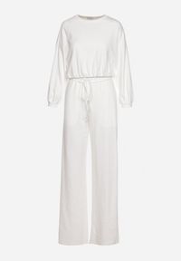 Born2be - Biały Komplet Bawełniany Spodnie Szerokie ze Sznurkiem w Pasie i Bluza ze Ściągaczami Urionne. Kolor: biały. Materiał: bawełna