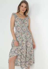 Born2be - Miętowo-Różowa Rozkloszowana Sukienka Midi na Szerokich Ramiączkach z Gumkami w Pasie Anelanie. Typ kołnierza: kołnierz z falbankami. Kolor: miętowy. Długość rękawa: na ramiączkach. Wzór: aplikacja, kwiaty. Długość: midi #1