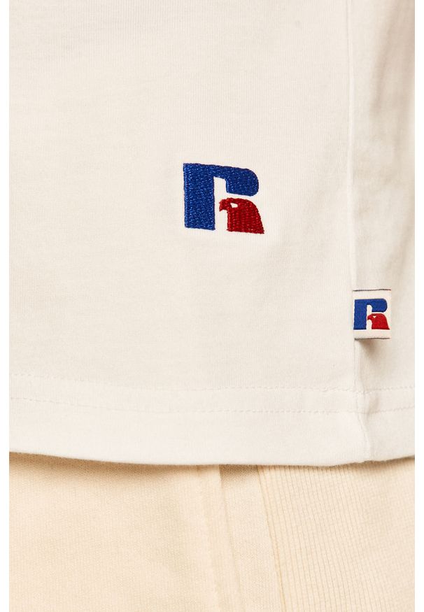 Russell Athletic - T-shirt. Okazja: na co dzień. Kolor: biały. Materiał: bawełna, dzianina. Wzór: nadruk. Styl: casual