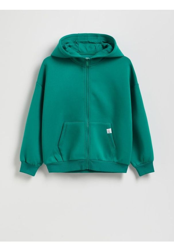 Reserved - Rozpinana bluza z kapturem - zielony. Typ kołnierza: kaptur. Kolor: zielony. Materiał: dzianina