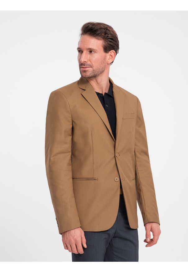 Ombre Clothing - Klasyczna marynarka męska z kieszenią na poszetkę - karmelowa V2 - Rozmiar: XXL. Materiał: poliester. Styl: klasyczny