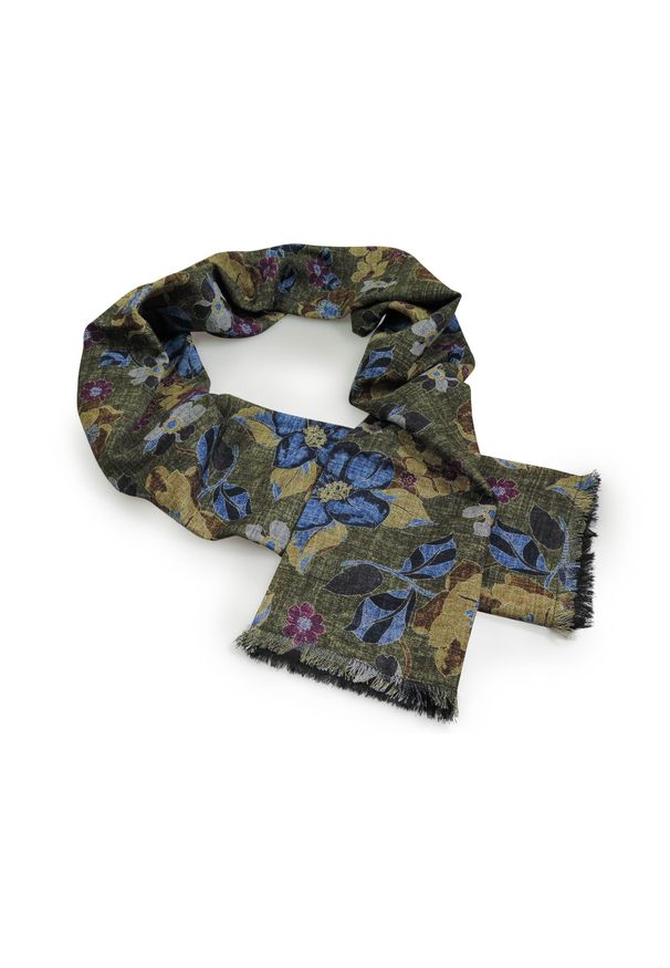 Adam Collection - Dwustronny zielony szal męski w kwiaty/granatowy - Wełna/bawełna J27. Kolor: zielony, wielokolorowy, niebieski. Materiał: wełna, bawełna. Wzór: kwiaty