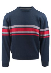 Sweter dla Mężczyzny - Lasota - Granat w Kolorowe Pasy. Kolor: niebieski. Materiał: akryl, bawełna. Wzór: kolorowy. Sezon: zima, jesień