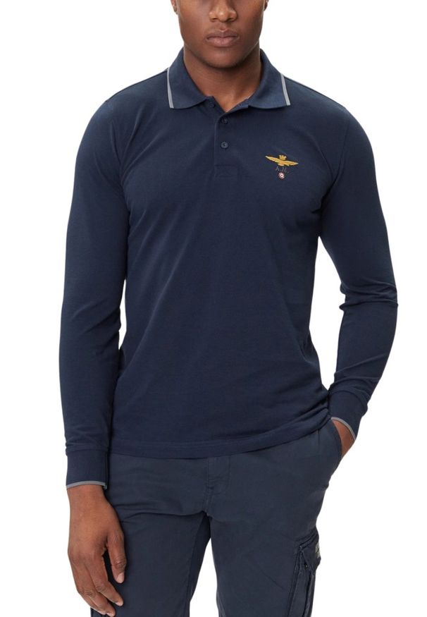 Aeronautica Militare - AERONAUTICA MILITARE Granatowy bawełniany męski longsleeve polo, Rozmiar XXL. Okazja: na co dzień. Typ kołnierza: polo. Kolor: niebieski. Materiał: bawełna. Długość rękawa: długi rękaw. Styl: casual, sportowy