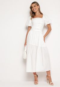 Born2be - Biała Rozkloszowana Marszczona Sukienka z Wiskozą i Bufiastymi Rękawami oraz Falbanką Larnovia. Okazja: na co dzień, na imprezę. Kolor: biały. Materiał: wiskoza. Typ sukienki: proste. Styl: casual, elegancki #6