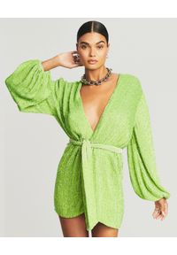 RETROFETE - Limonkowa sukienka z cekinami Gabrielle. Kolor: zielony. Materiał: materiał. Wzór: aplikacja. Długość: mini