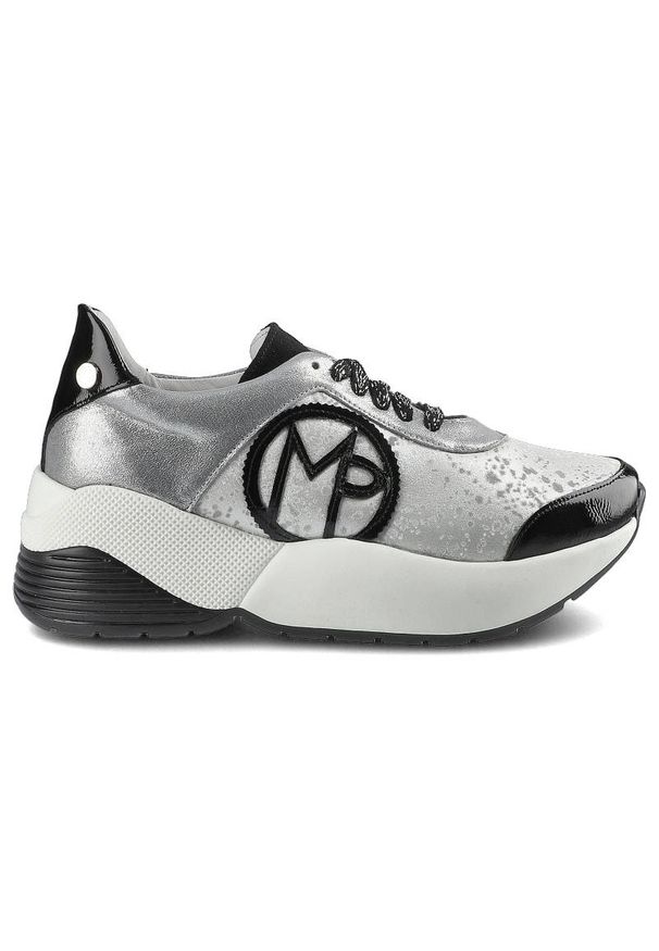 Massimo POLI - Sneakersy damskie Massimo Poli, ze skórzaną cholewką o tłoczonej fakturze wiązaniem na oczka metalową ozdobą i masywną elastyczną podeszwą, srebrno-c. Kolor: czarny. Materiał: skóra. Szerokość cholewki: normalna. Wzór: aplikacja. Styl: elegancki