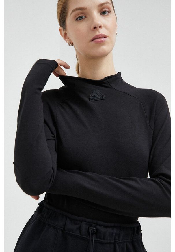 Adidas - adidas longsleeve damski kolor czarny z półgolfem. Kolor: czarny. Materiał: bawełna. Długość rękawa: długi rękaw