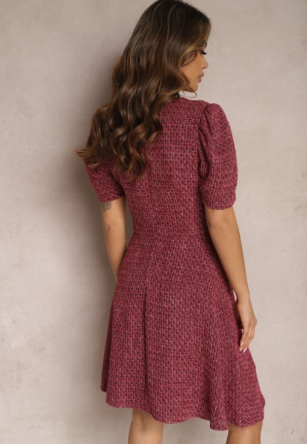 Renee - Bordowa Rozkloszowana Sukienka Mini z Lekko Bufiastymi Rękawkami Merridia. Kolor: czerwony. Długość rękawa: krótki rękaw. Długość: mini