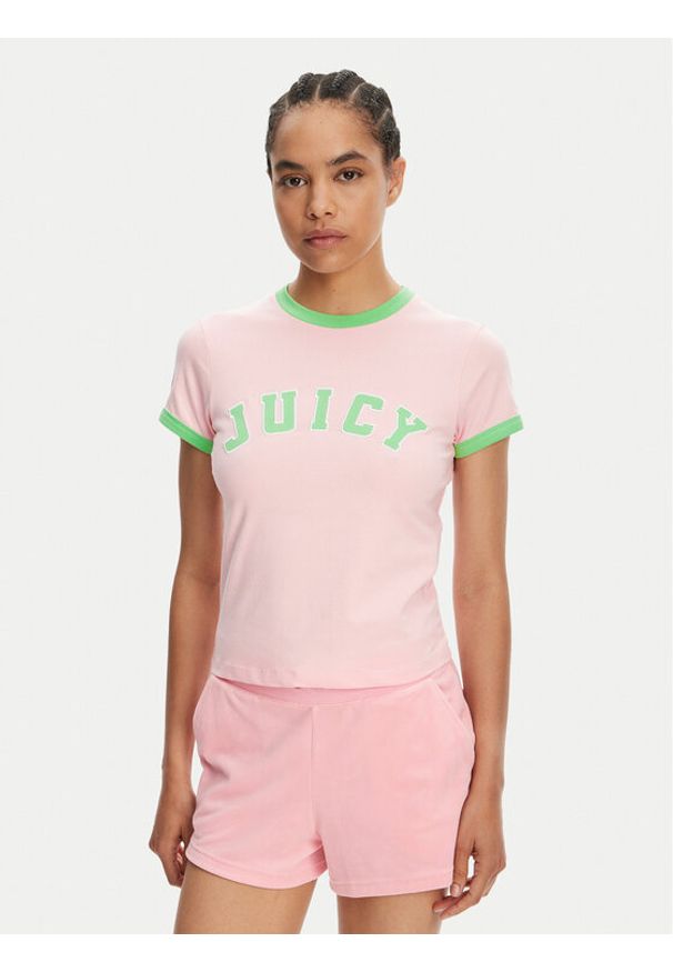 Juicy Couture T-Shirt Collegiate Ringer JCWCT125320 Różowy Slim Fit. Kolor: różowy. Materiał: bawełna