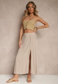 Renee - Ciemnobeżowa Rozkloszowana Spódnica z Wiskozy z Kieszeniami Galmira. Okazja: na co dzień. Kolor: beżowy. Materiał: wiskoza. Styl: klasyczny, casual, elegancki