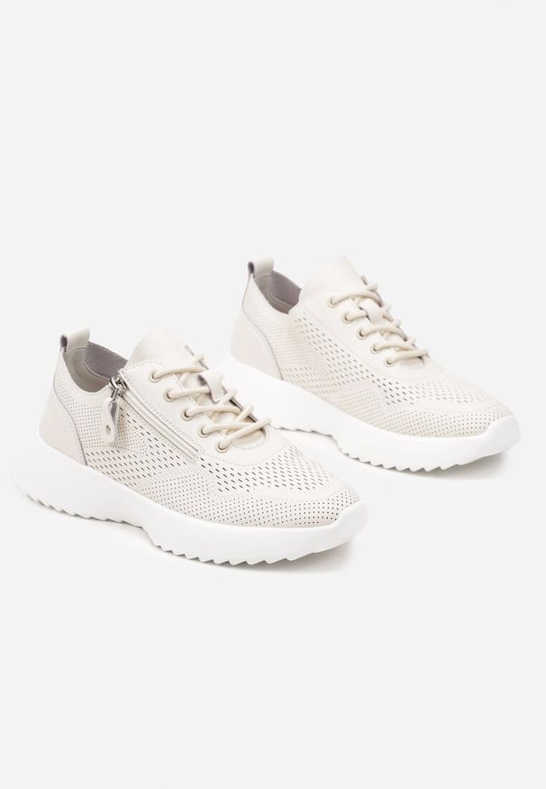 Born2be - Beżowe Skórzane Sneakersy z Ozdobnym Suwakiem Selami. Okazja: na co dzień. Zapięcie: sznurówki. Kolor: beżowy. Materiał: skóra. Obcas: na obcasie. Wysokość obcasa: niski