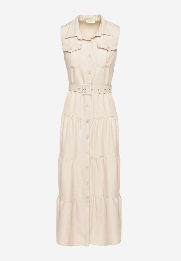 Born2be - Beżowa Koszulowa Sukienka Ozdobiona Paskiem Mavorelle. Okazja: na co dzień. Kolor: beżowy. Wzór: aplikacja. Typ sukienki: koszulowe. Styl: casual, elegancki