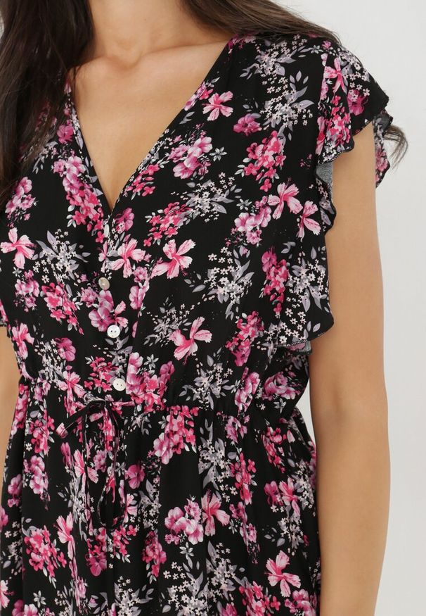 Born2be - Czarno-Różowa Sukienka z Wiskozy Actamia. Okazja: na co dzień. Typ kołnierza: kołnierz z falbankami, kokarda. Kolor: czarny. Materiał: wiskoza. Wzór: kwiaty. Typ sukienki: proste. Styl: casual. Długość: mini