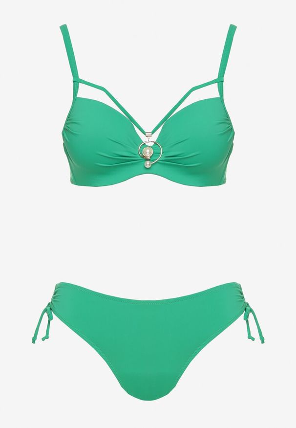 Born2be - Ciemnozielone Bikini Biustonosz z Aplikacją i Majtki Figi ze Ściągaczami Ulosella. Kolor: zielony. Wzór: aplikacja