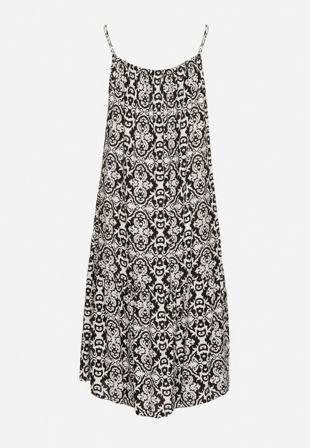 Born2be - Czarna Rozkloszowana Sukienka na Ramiączkach z Bawełny w Ornamentalny Wzór Valpio. Okazja: na spacer. Typ kołnierza: dekolt kwadratowy. Kolor: czarny. Materiał: bawełna. Długość rękawa: na ramiączkach