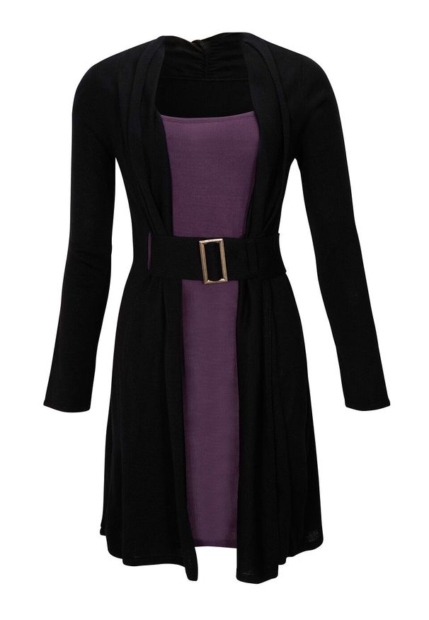 Sukienka dzianinowa z paskiem bonprix czarny-lila. Kolor: czarny. Materiał: dzianina