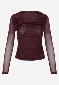 Renee - Bordowa Marszczona Bluzka z Siateczki Zdobiona Aplikacją w Kształcie Róży Olirisa. Okazja: na co dzień. Kolor: czerwony. Materiał: jeans, bawełna. Wzór: aplikacja. Styl: casual #4