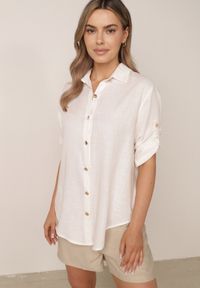 Born2be - Biała Koszula Casual z Wiskozą i Lnem z Rękawami 3/4 Linyana. Okazja: na co dzień. Typ kołnierza: kołnierzyk klasyczny. Kolor: biały. Materiał: wiskoza, len. Długość: długie. Styl: casual #1