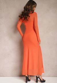 Renee - Pomarańczowa Siateczkowa Sukienka o Taliowanym Kroju z Halką Manemoma. Kolor: pomarańczowy. Długość rękawa: długi rękaw #3
