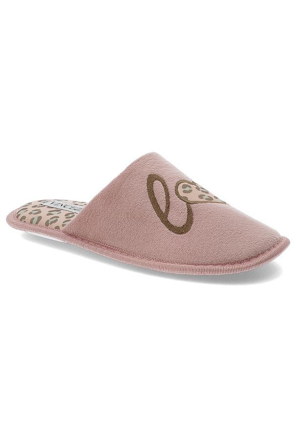 Kapcie damskie Vinceza, pantofle ocieplane z futerka z ozdobami, różowe, 19960-PN. Okazja: do domu. Nosek buta: otwarty. Kolor: różowy. Materiał: futro. Wzór: aplikacja