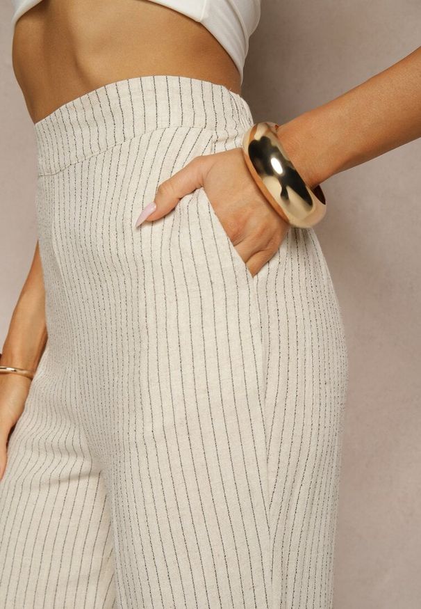 Renee - Beżowe Szerokie Spodnie High Waist z Lnu i Bawełny Ivelpio. Okazja: na co dzień. Stan: podwyższony. Kolor: beżowy. Materiał: len, bawełna. Styl: klasyczny, casual, elegancki