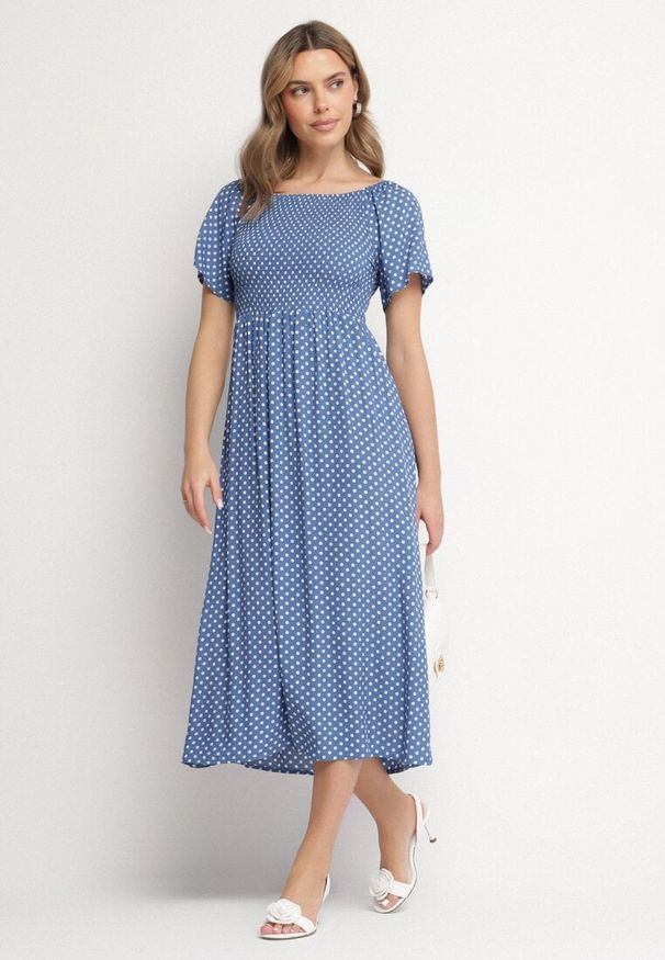 Born2be - Niebieska Sukienka z Bawełny o Rozkloszowanym Kroju w Kropeczki Lisadrisa. Okazja: na co dzień, na imprezę. Kolor: niebieski. Materiał: bawełna. Długość rękawa: krótki rękaw. Styl: klasyczny, casual, elegancki