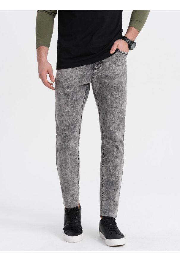 Ombre Clothing - Spodnie męskie jeansowe marmurkowe z surowo wykończoną nogawką SLIM FIT - szare V1 - Rozmiar: L. Kolor: szary. Materiał: jeans