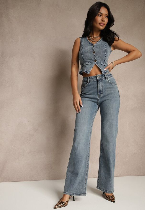 Renee - Niebieskie Jeansy High Waist z Szeroką Nogawką Uliswena. Okazja: na co dzień. Stan: podwyższony. Kolor: niebieski. Styl: casual, elegancki