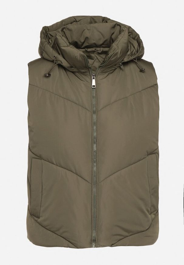 Born2be - Ciemnozielona Klasyczna Kamizelka z Pikowanymi Przeszyciami i Kapturem Ollera. Okazja: na co dzień. Typ kołnierza: kaptur. Kolor: zielony. Materiał: jeans. Styl: klasyczny