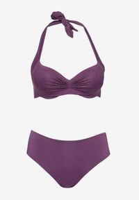 Born2be - Ciemnofioletowe Dwuczęściowy Komplet Bikini Biustonosz Wiązany z Tyłu Majtki ze Ściągaczami Marisola. Kolekcja: plus size. Kolor: fioletowy. Wzór: aplikacja #6