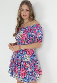 Born2be - Granatowa Wiskozowa Sukienka Mini z Gumkami w Pasie i Falbanką Muena. Typ kołnierza: kołnierz z falbankami. Kolor: niebieski. Materiał: wiskoza. Wzór: kwiaty. Długość: mini #5