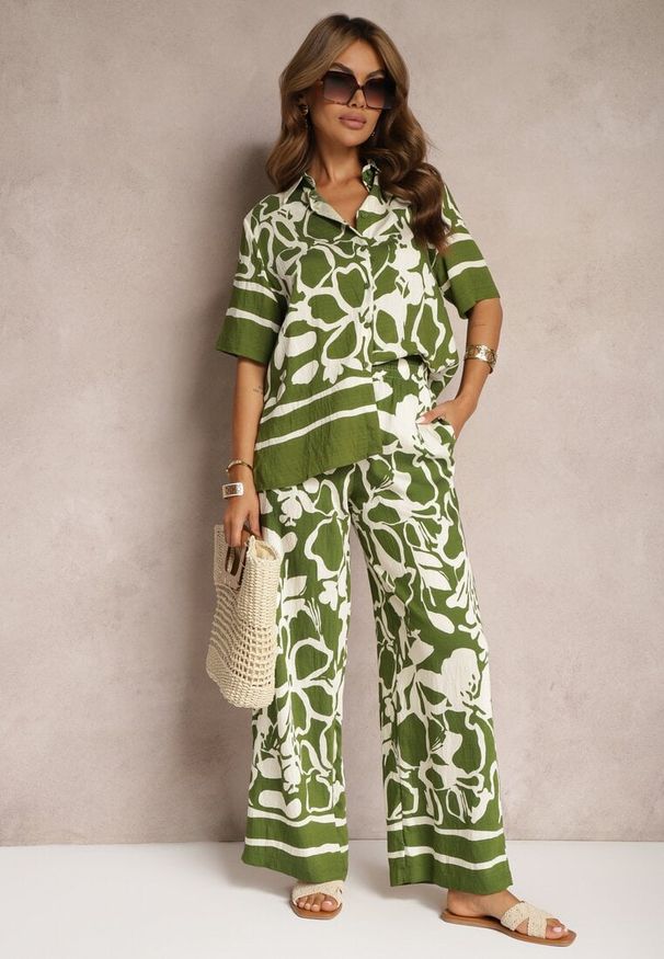 Renee - Zielono-Beżowy Letni Komplet Luźna Koszula z Krótkim Rękawem Szerokie Spodnie z Gumką w Talii Vikiimina. Kolor: zielony. Materiał: materiał, wiskoza