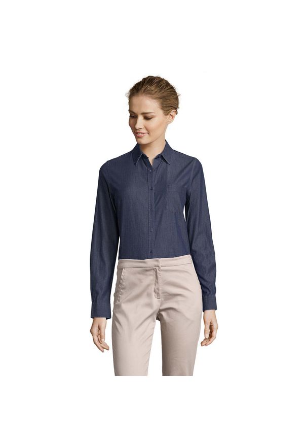 SOL'S - Damska Koszula Dżinsowa Barry. Okazja: na co dzień. Kolor: niebieski, wielokolorowy, zielony. Styl: casual