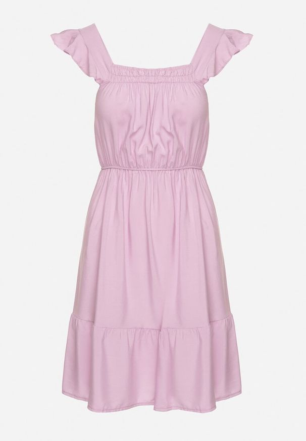 Born2be - Fioletowa Sukienka z Wiskozą o Rozkloszowanym Kroju z Gumką w Pasie Lirimere. Okazja: na co dzień. Typ kołnierza: kołnierz z falbankami. Kolor: fioletowy. Materiał: wiskoza. Długość rękawa: na ramiączkach. Styl: casual, elegancki