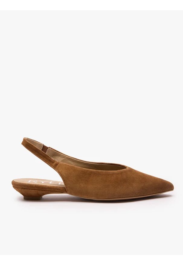 Ryłko - Brązowe czółenka slingback w szpic. Zapięcie: bez zapięcia. Kolor: brązowy. Materiał: welur, skóra. Szerokość cholewki: normalna. Obcas: na obcasie. Styl: street