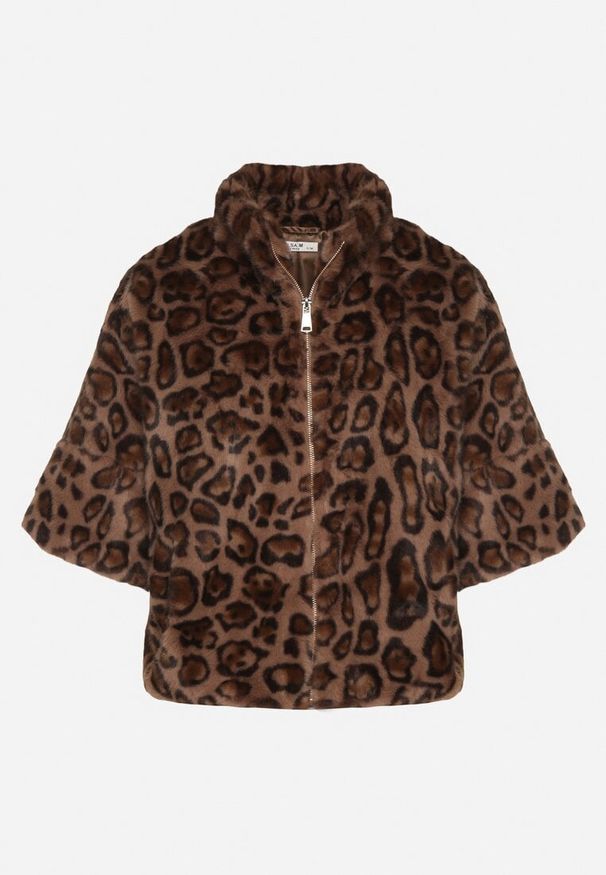 Born2be - Panterkowa Kurtka Futerko o Trapezowym Kroju z Rękawem 3/4 Tadeira. Okazja: na imprezę, na co dzień. Typ kołnierza: golf. Materiał: futro. Wzór: aplikacja. Styl: casual, elegancki