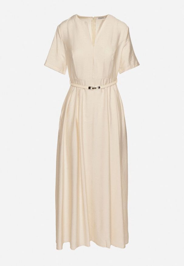 Born2be - Beżowa Wiskozowa Sukienka z Lnem o Rozkloszowanym Kroju z Paskiem z Klamerką Linalin. Okazja: na co dzień. Typ kołnierza: dekolt w serek. Kolor: beżowy. Materiał: wiskoza, len. Długość rękawa: krótki rękaw. Styl: casual, elegancki, klasyczny