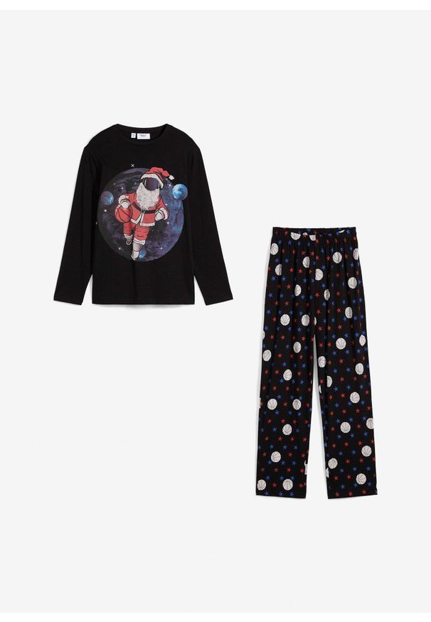 bonprix - Piżama z miękkiej bawełny (2 części). Kolor: czarny. Materiał: bawełna. Wzór: napisy, nadruk